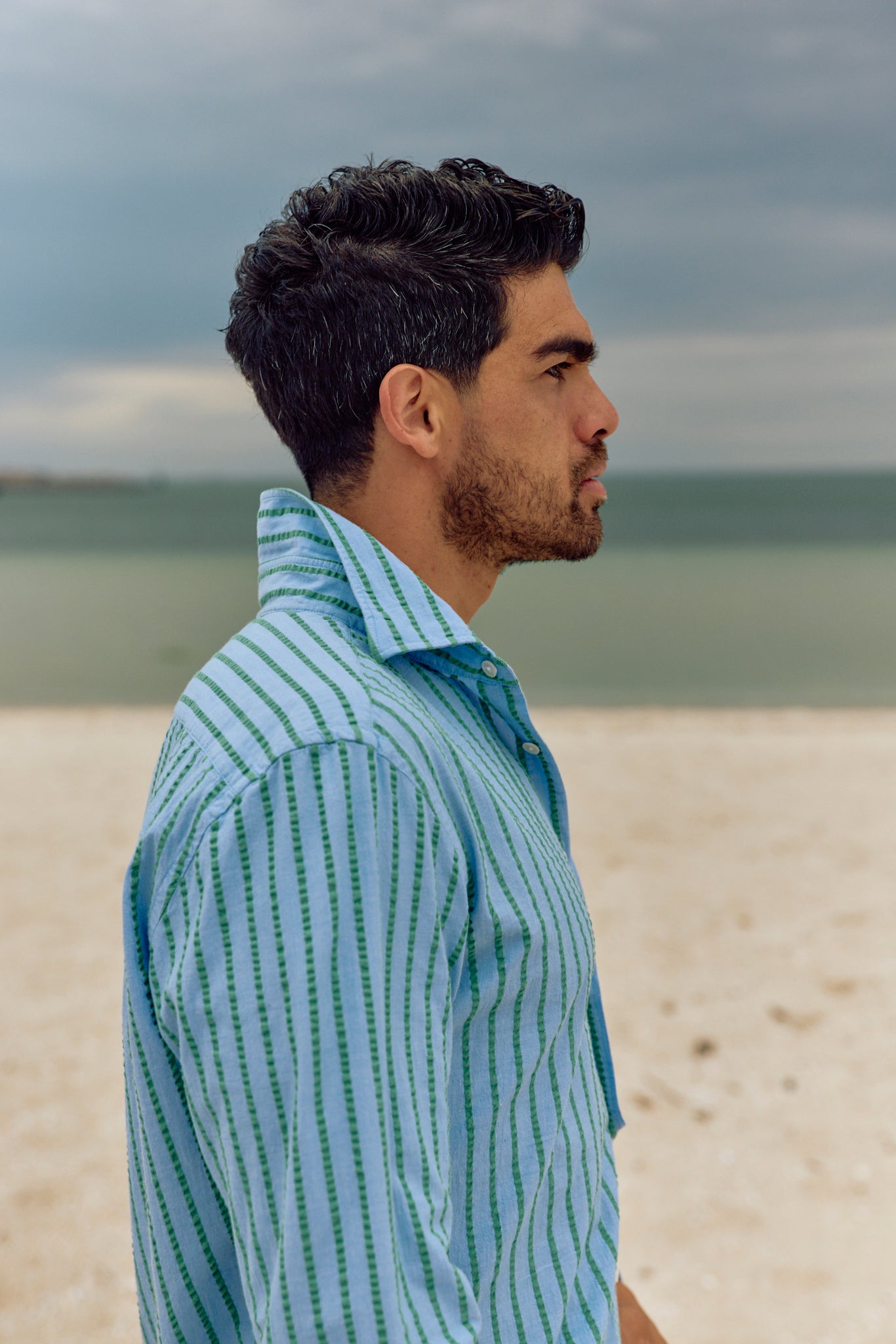 Long Sleeve Seersucker Shirt - Dusty Blue/Olive - Pre-Order