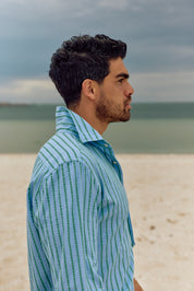 Long Sleeve Seersucker Shirt - Dusty Blue/Olive - Pre-Order