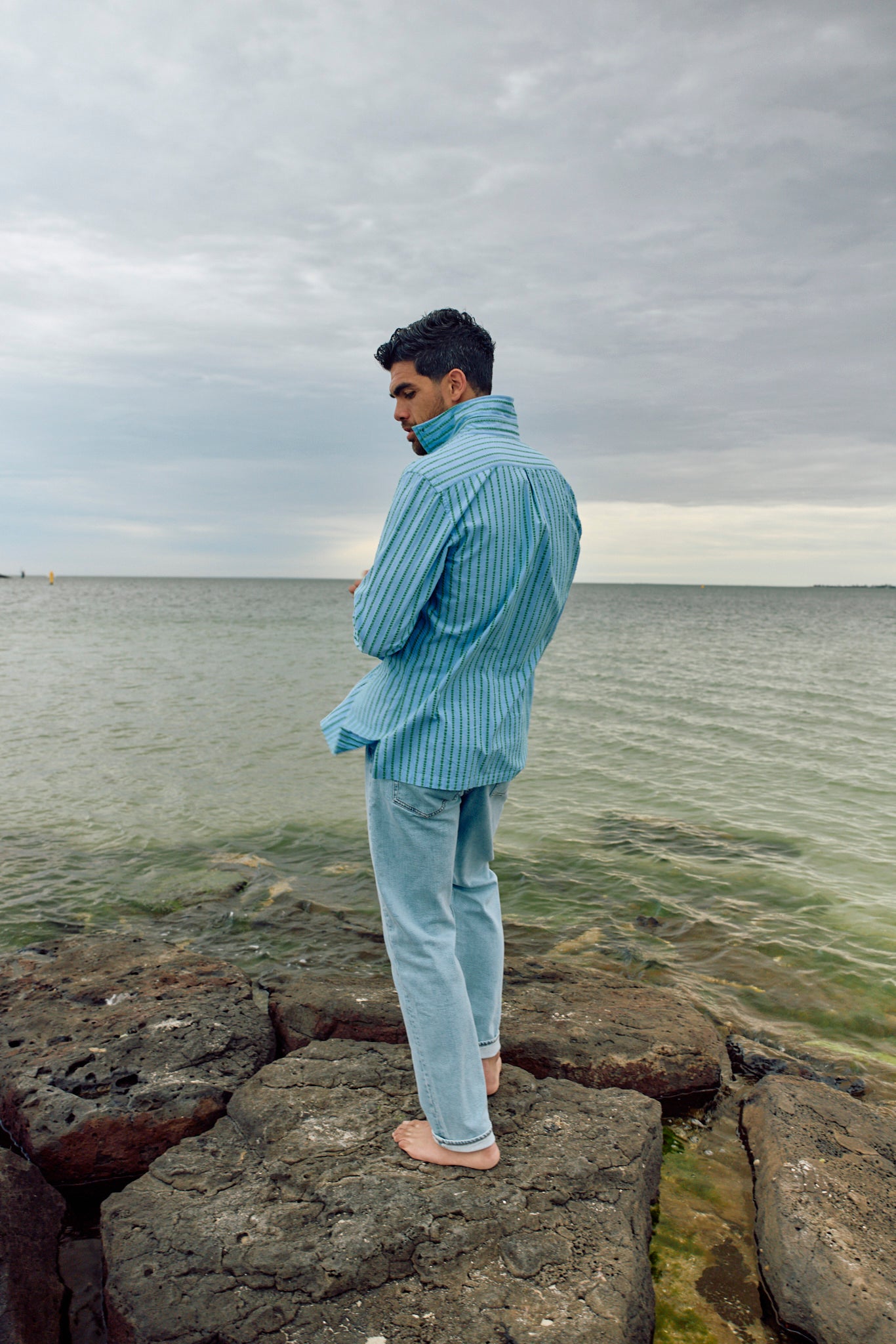 Long Sleeve Seersucker Shirt - Dusty Blue/Olive - Pre-Order