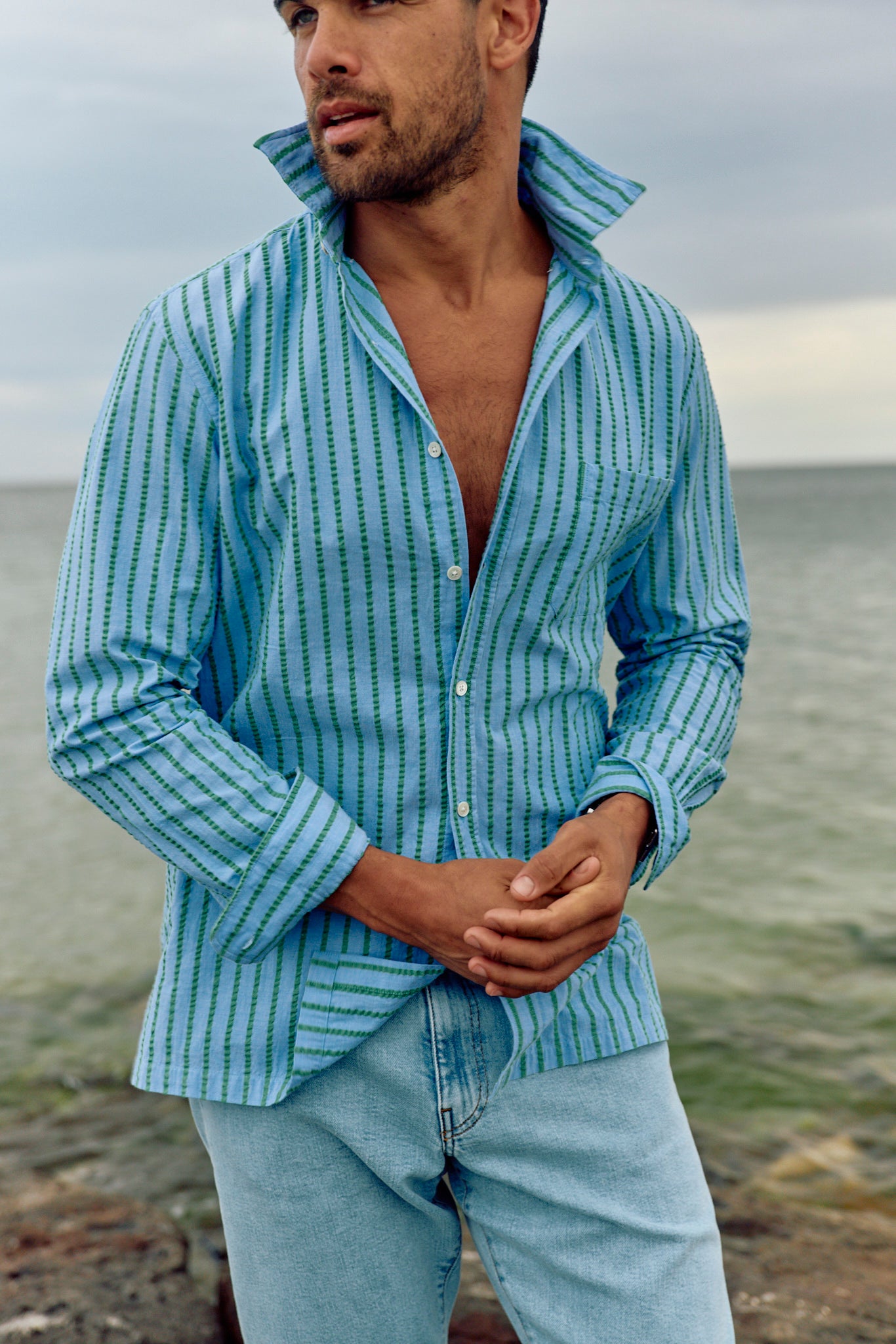 Long Sleeve Seersucker Shirt - Dusty Blue/Olive - Pre-Order