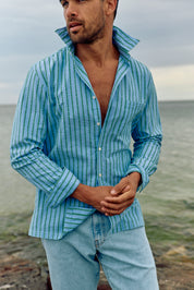 Long Sleeve Seersucker Shirt - Dusty Blue/Olive - Pre-Order