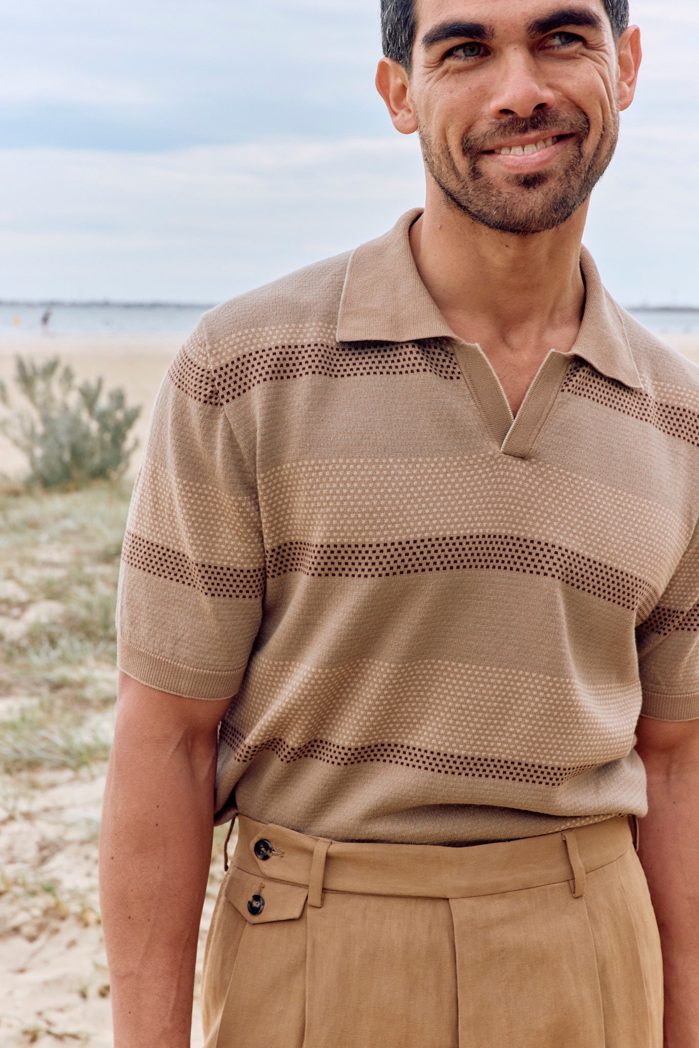 Otway Short Sleeved Polo - Sand Stripe