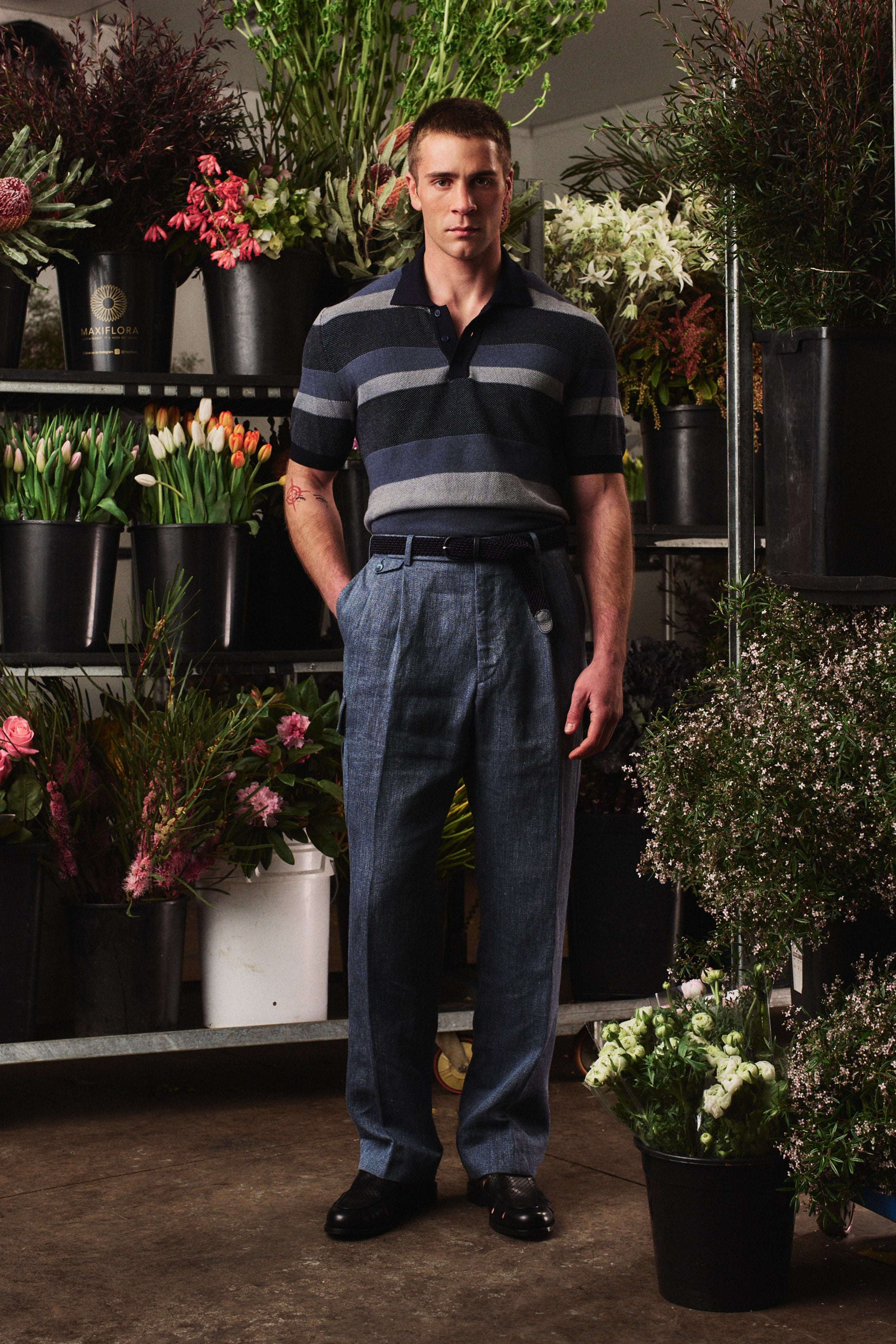 Single Pleat Denim Chino - Italian Cotton - Washed Denim