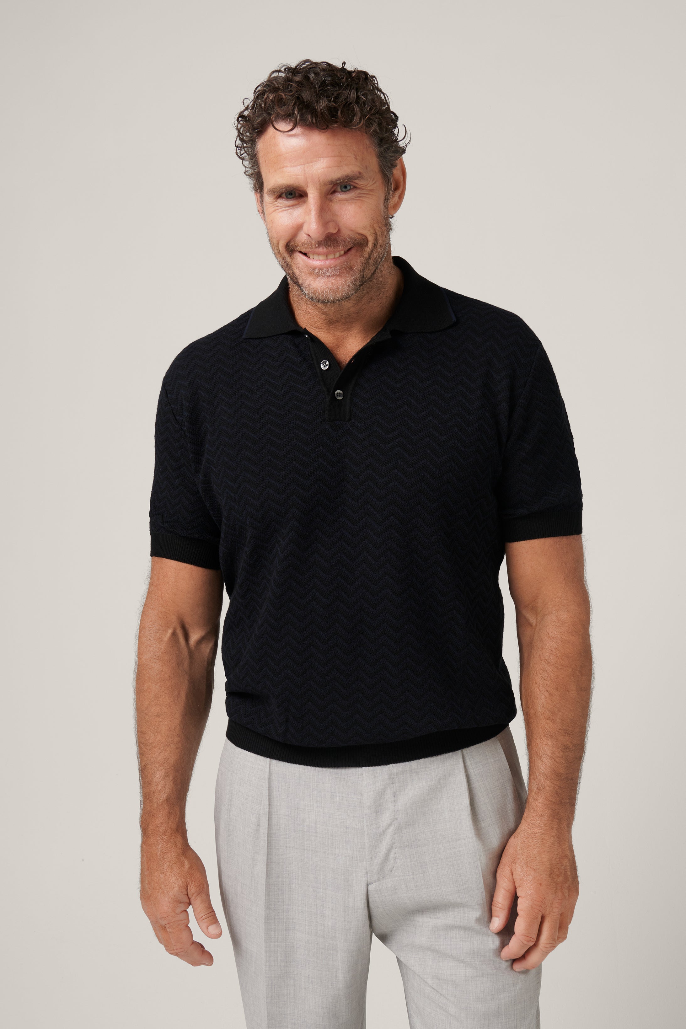 Chevron Knit Polo - Black/Navy