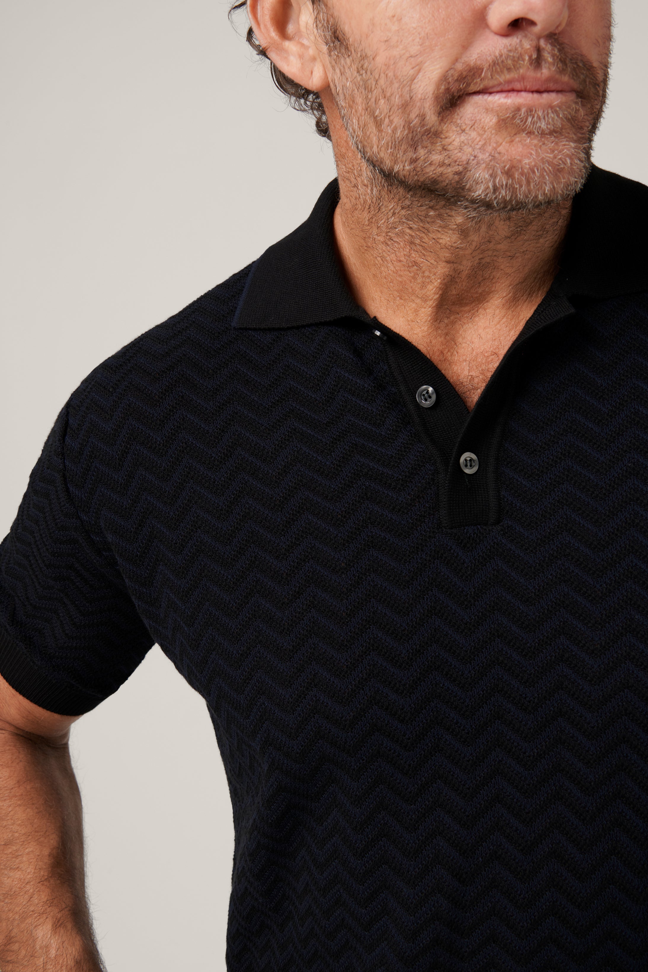 Chevron Knit Polo - Black/Navy