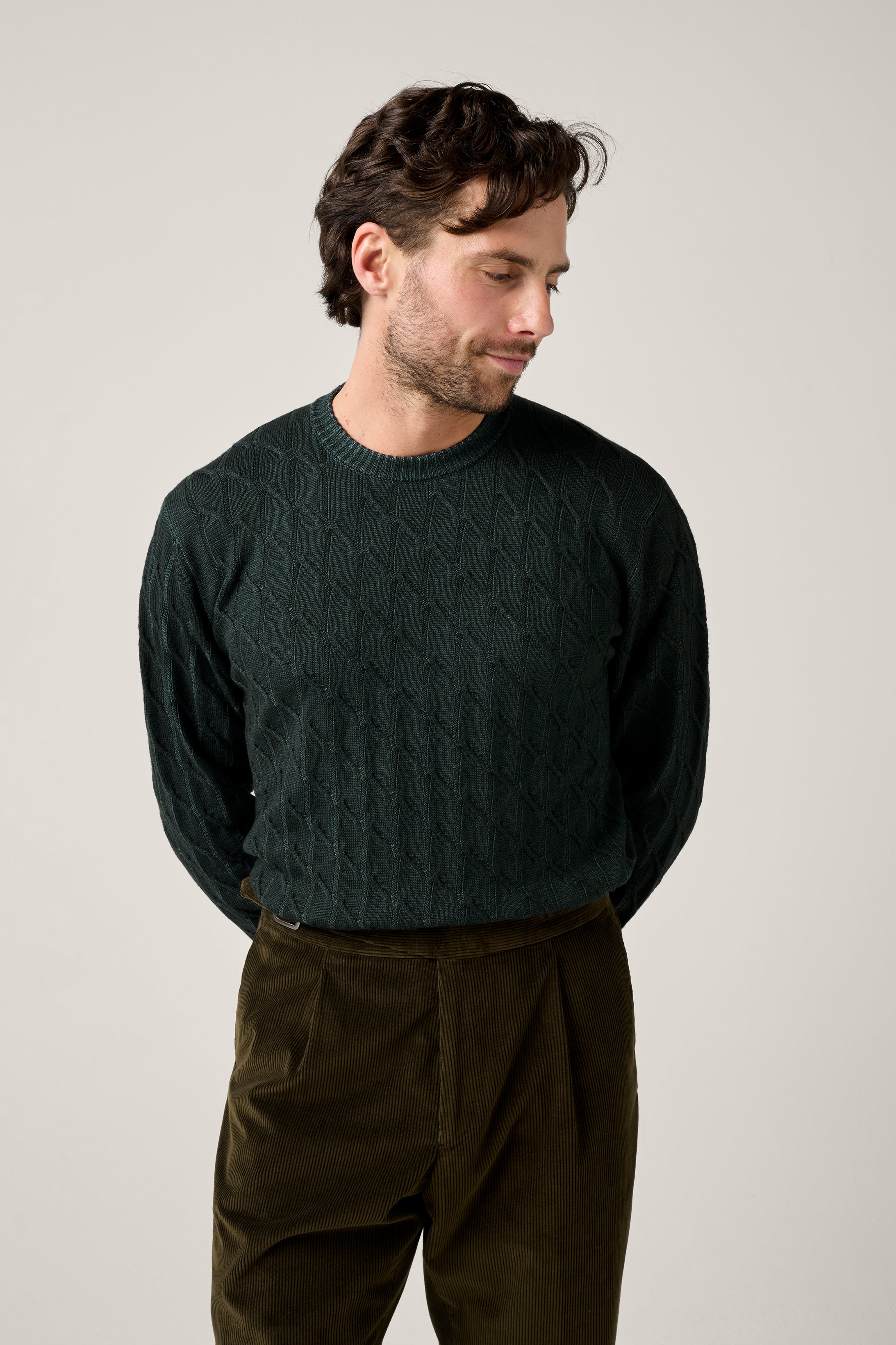 Diamond Cable Crew Knit - Emerald Green Cable Vintage Wash