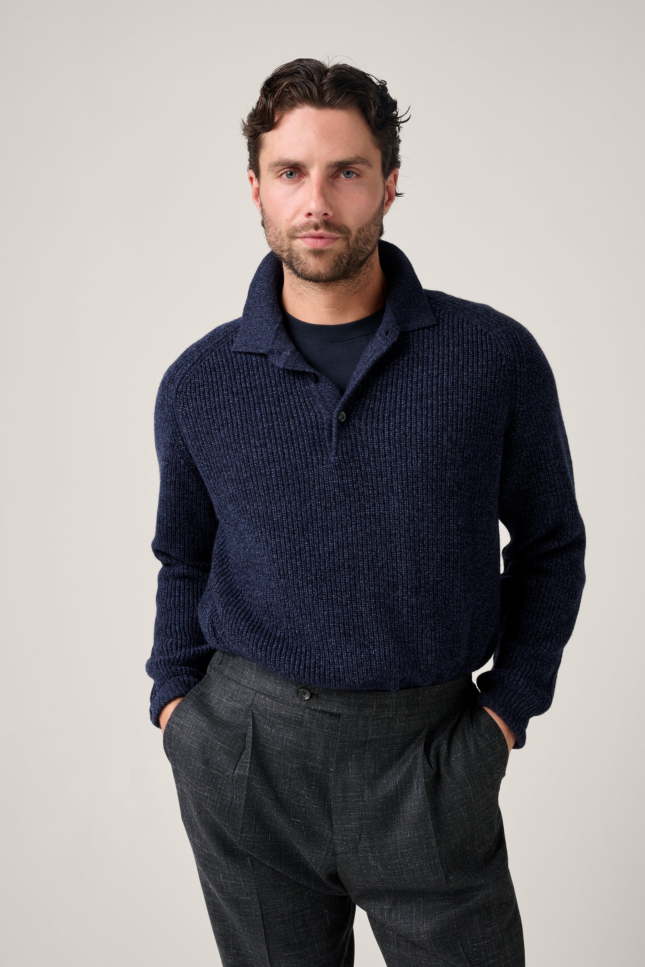 Merricks - Cashmere Raglan Polo - Navy Melange