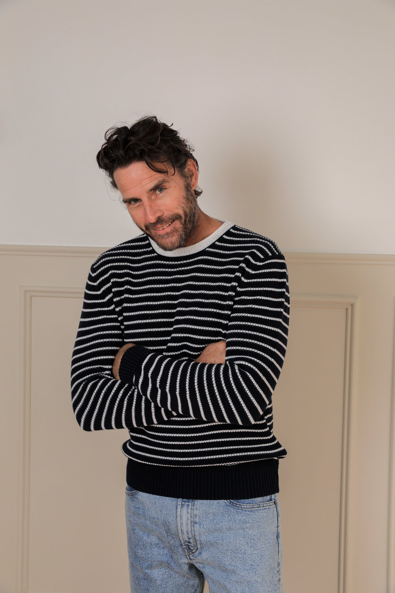 Winton Cotton Crew-Neck Sweater - Striped Navy/White - Last few