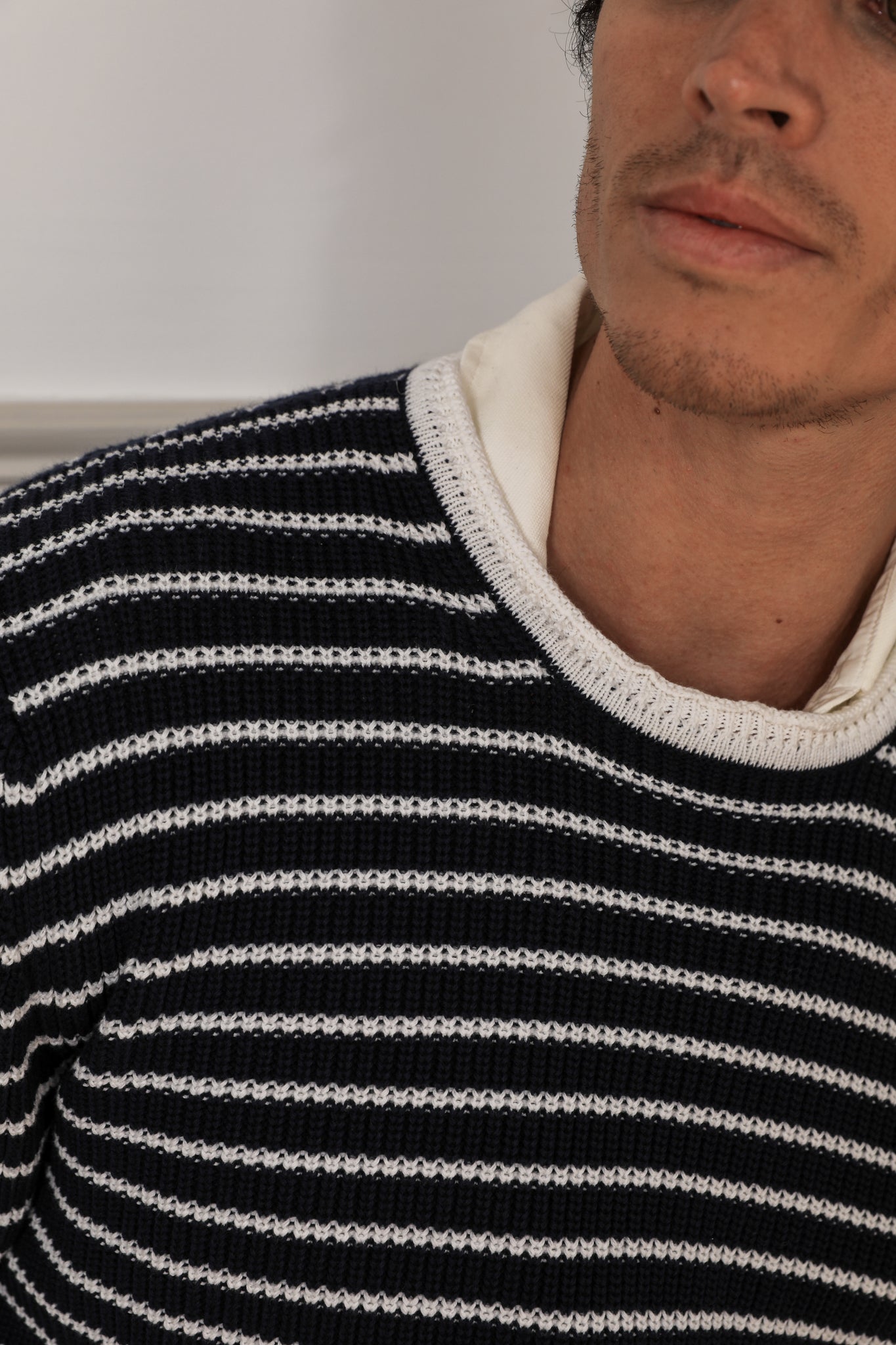 Winton Cotton Crew-Neck Sweater - Striped Navy/White - Last few