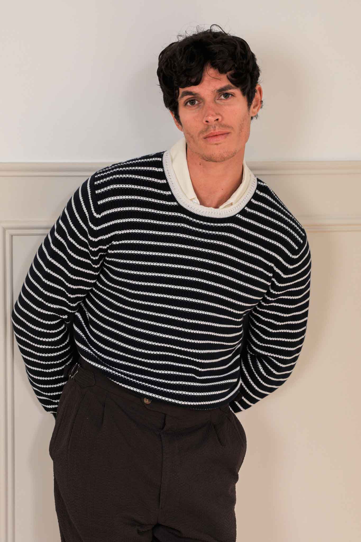 Winton Cotton Crew-Neck Sweater - Striped Navy/White - Last few
